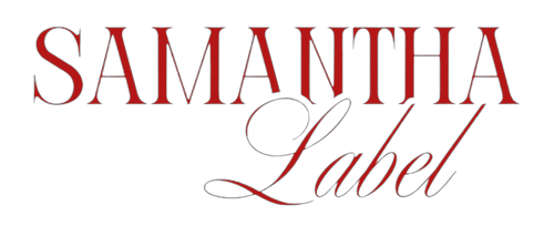 The text 'SAMANTHA Label' is displayed in a dark red serif and cursive font against a solid white background.