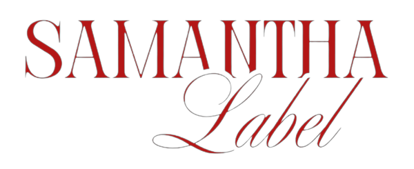 The text 'SAMANTHA Label' is displayed in a dark red serif and cursive font against a solid white background.